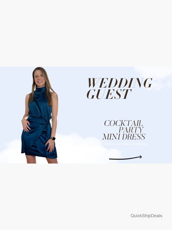 Satin Sleeveless Halter Neck Wrap Bodycon Cocktail Mini Dress - Picture 7 of 7